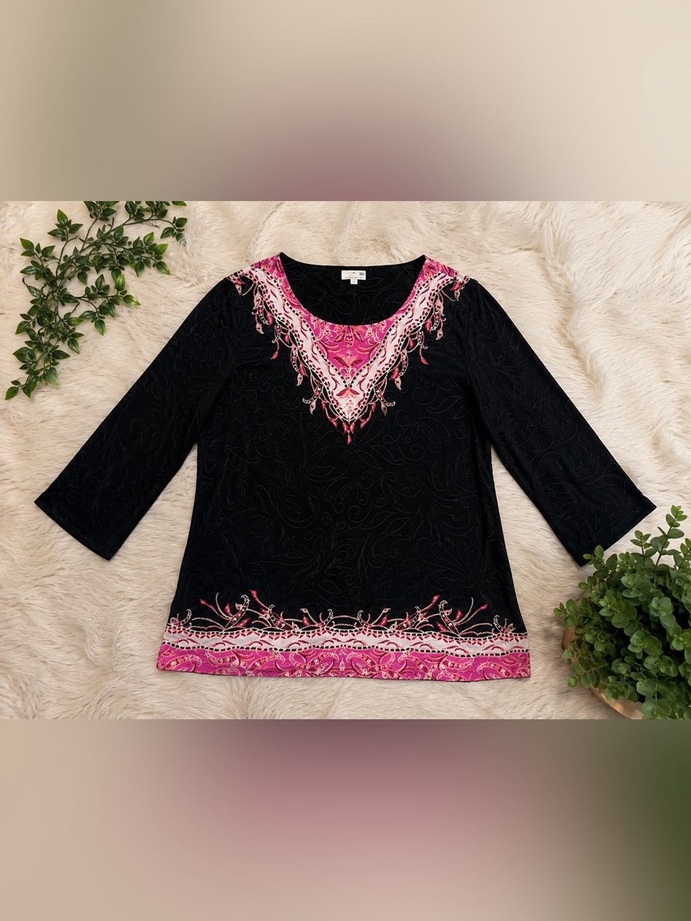 NWT JM Collection Jacquard Knit Tunic Top Medium Black Pink Scroll 3/4 Sleeve